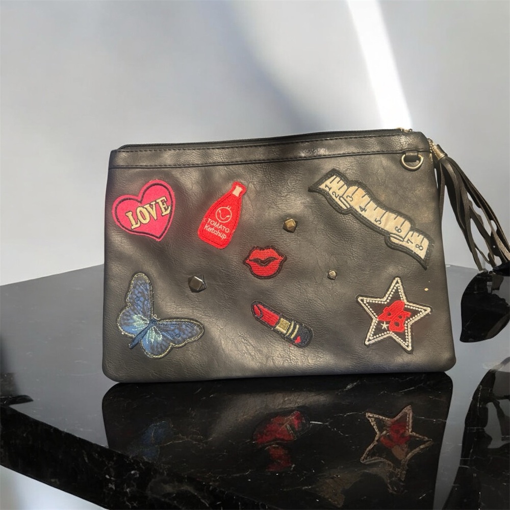 Stylish Black Clutch with Fun Patches